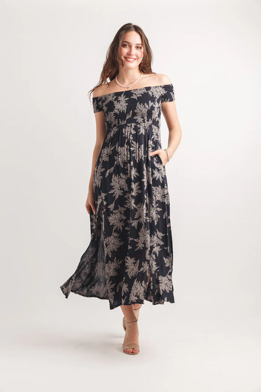 Navy Leaf Print Smocked Off The Shoulder Maxi Dress