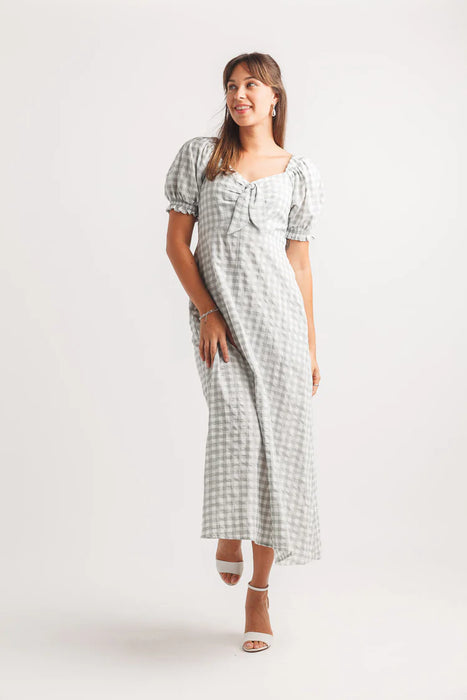 Sage Gingham Puff Sleeve Dress W Elastic Back