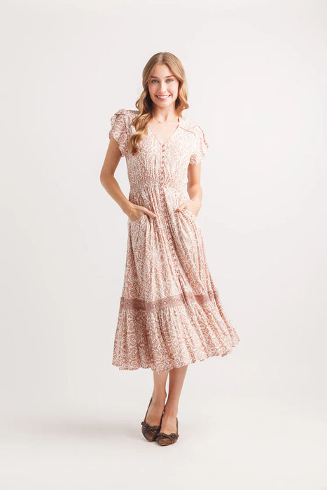 Damask Short Sleeve Midi Dress With Elastic