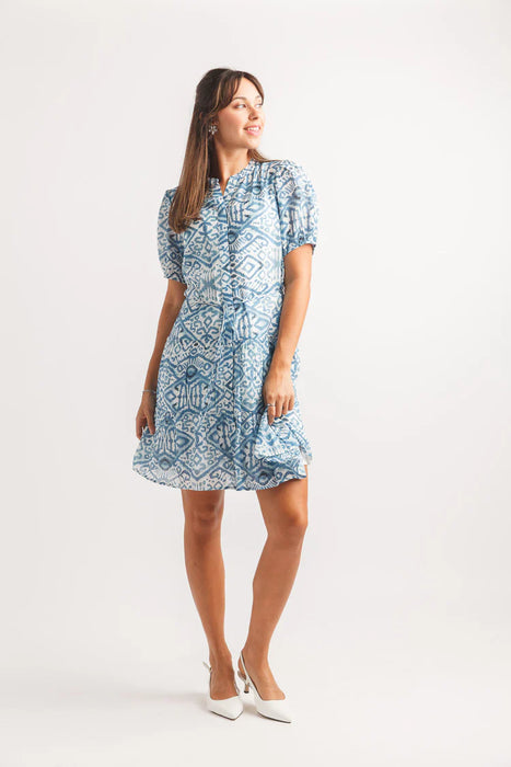 Blue Geo Print Puff Sleeve Dress With Tie Belt
