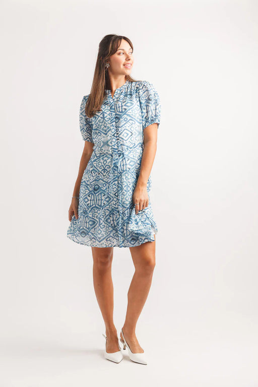 Blue Geo Print Puff Sleeve Dress With Tie Belt