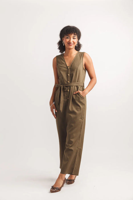 Olive Sleeveless Button Front Jumpsuit With Pkt