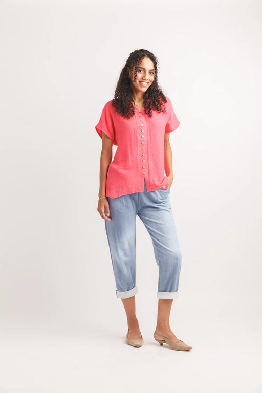 Coral Short Sleeve Crinkle Button Front Blouse