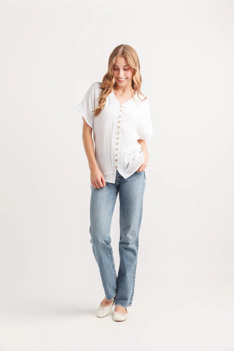 White Short Sleeve Crinkle Button Front Blouse