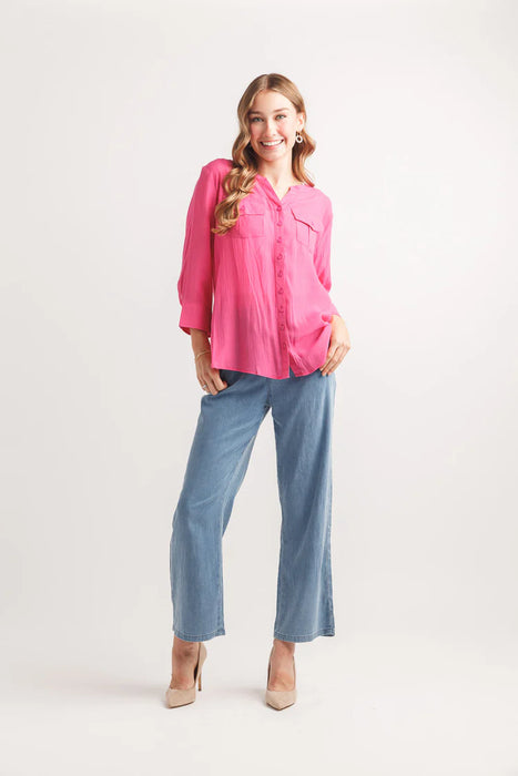 Magenta Tab Sleeve Button Front Blouse