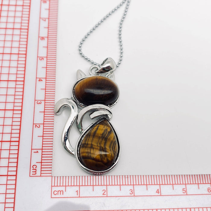 Natural Stone Cat-shaped Pendant Necklace - CS