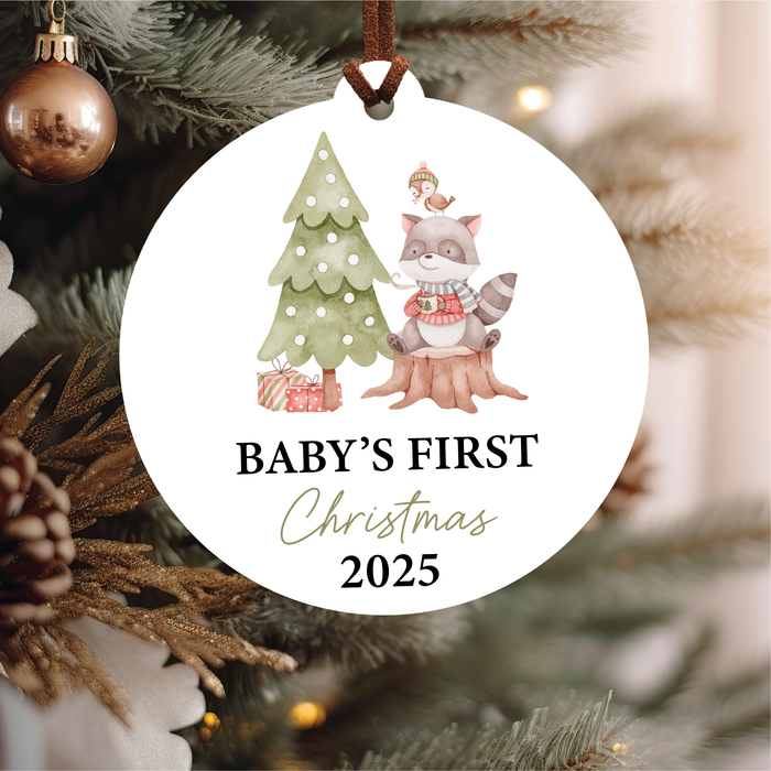 Baby's First Christmas Ornament 2025 | Woodland Racoon