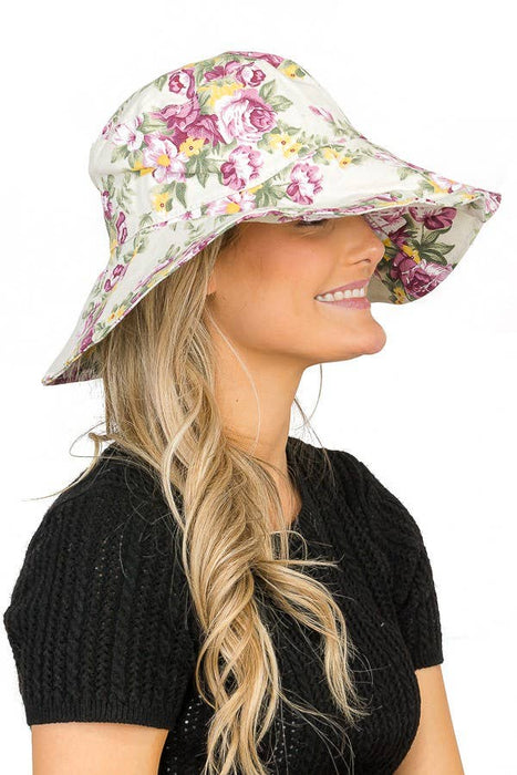Flower Design Bucket Style Big Brim Both-Side Sun Hat