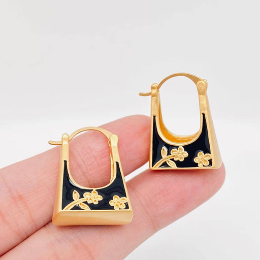 Black Enamel Carved Flower Bag Design Huggie Earrings