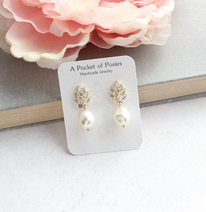 Glass Leaf Post Earrings | Baroque Pearl | Gold or Silver