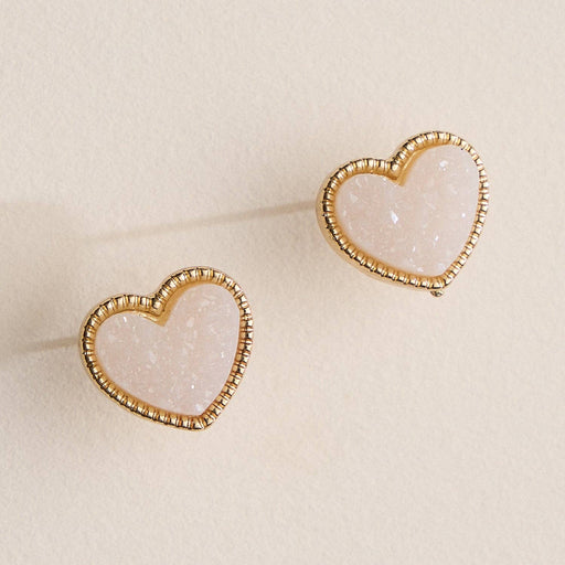 Druzy Heart Stud Earrings in Gold Trim