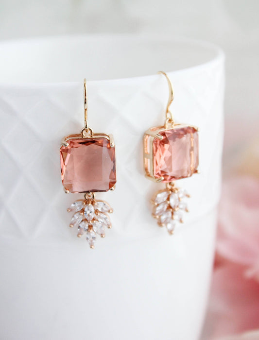 Art Deco Earrings | Square Jewel with Glass Leaf Drop