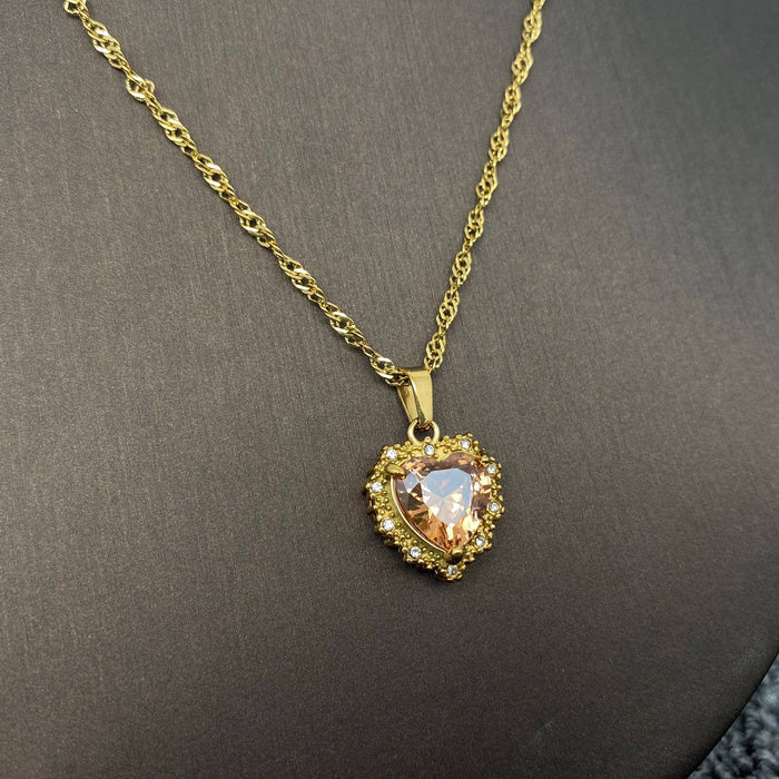 Sparkling Heart Zircon Charm 18K Gold Plated SS Necklace-FGS