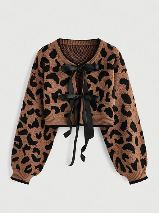 Leopard Print Cropped Sweater with Ribbon Tie