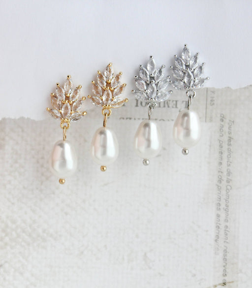 Glass Leaf Post Earrings - Pearl Drop