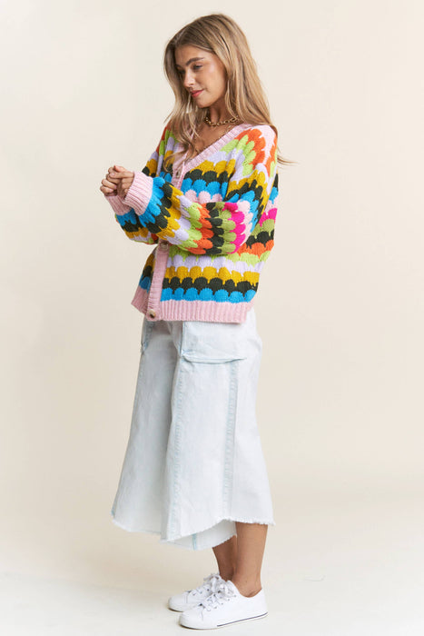 Fish Scales Multicolor Design Knit Cardigan