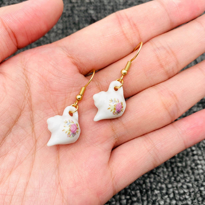 Pink flower Ceramic Teapot & Tea Cup Charm Dangle Earrings