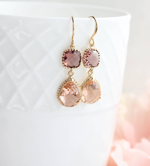 Peach Glass Earrings | Modern Earrings | Dusty Plum Teardrop