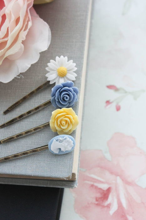 Flower Bobby Pins - Blue and Yellow