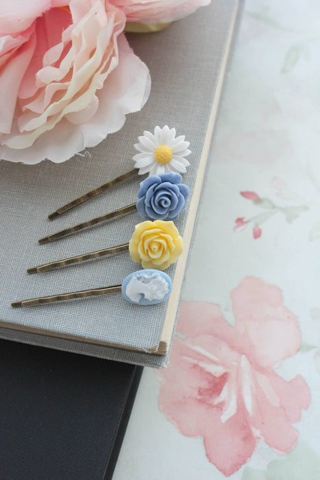 Flower Bobby Pins - Blue and Yellow