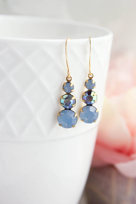 Vintage Glass Earrings -Three Jewel - Shades of Blue