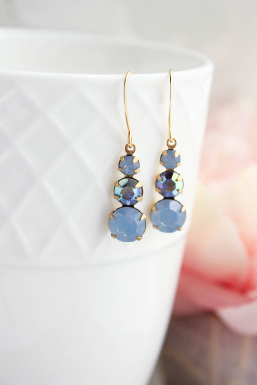 Vintage Glass Earrings -Three Jewel - Shades of Blue