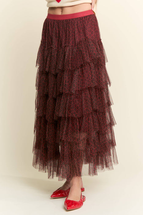 TIERED TULLE MESH MAXI-MIDI SKIRT