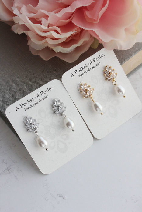Glass Leaf Post Earrings - Pearl Drop