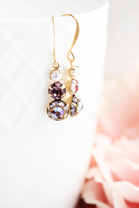 Vintage Glass Earrings -Three Jewel - Violet Purple