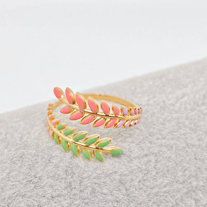 Enamel Leaf Shape 18K Gold Plated Stainless Steel Ring