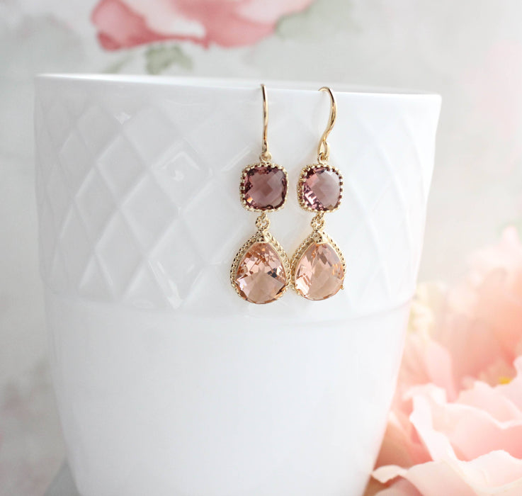 Peach Glass Earrings | Modern Earrings | Dusty Plum Teardrop