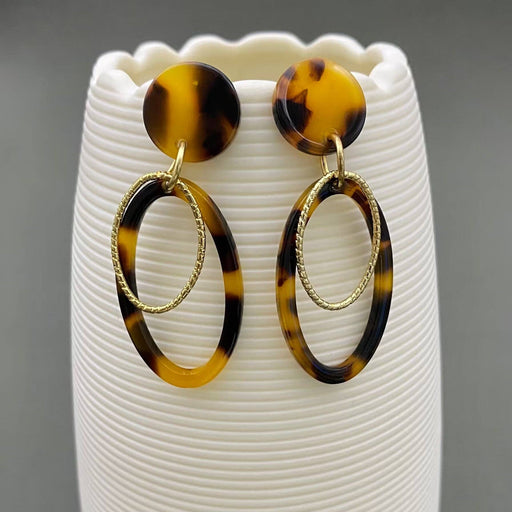 Leopard Color Resin & Metal Double Ring Dangle Earrings