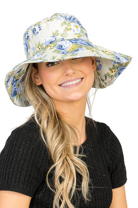 Flower Design Bucket Style Big Brim Both-Side Sun Hat