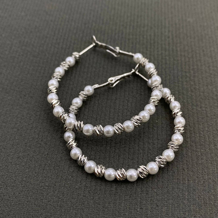 Pearl Metal Beaded Hoop Earrings