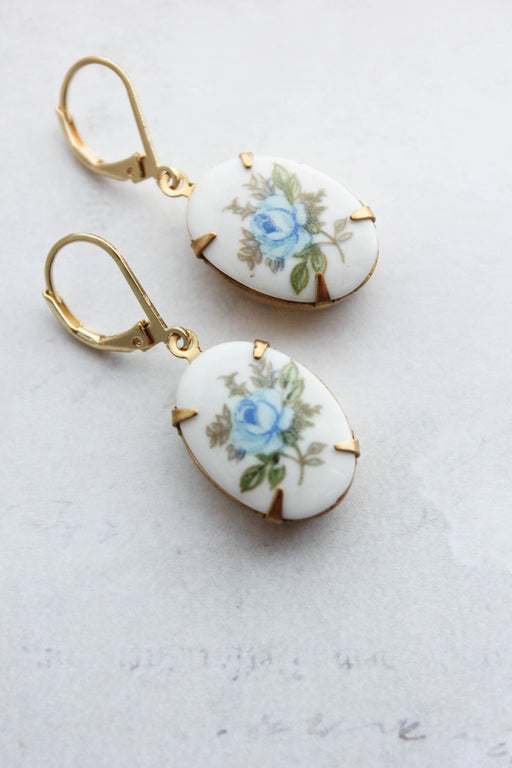 Blue Rose Cameo Earrings