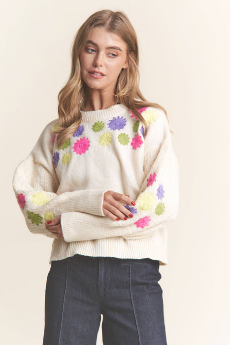 Floral Embroidered Round Neck Sweater Top