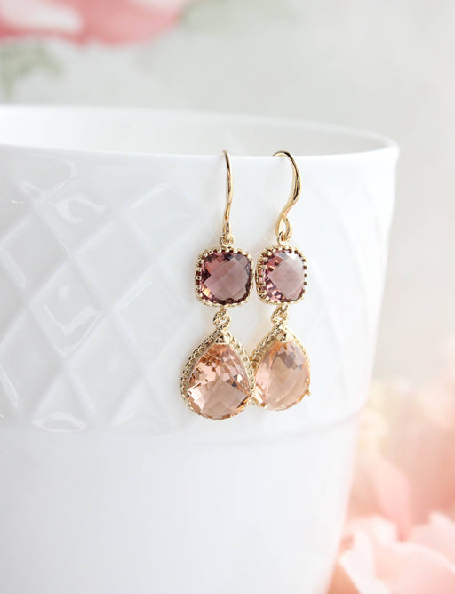 Peach Glass Earrings | Modern Earrings | Dusty Plum Teardrop