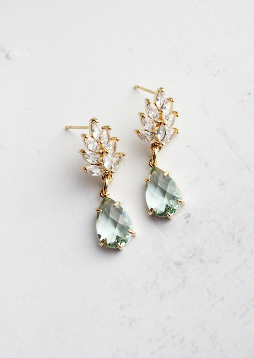 Glass Leaf Earrings | Rhinestone Studs | Gold
