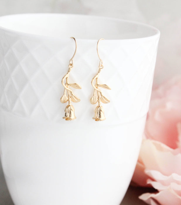 Long Stem Rose Earrings gold