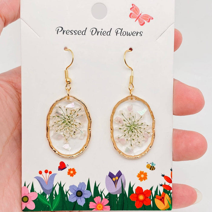 Queen Anne's Lace Dried Flowers Irregular Oval Earrings