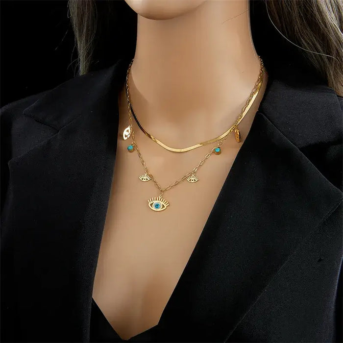 Evil Eye Gold Plated Stainless Steel Layered Necklace