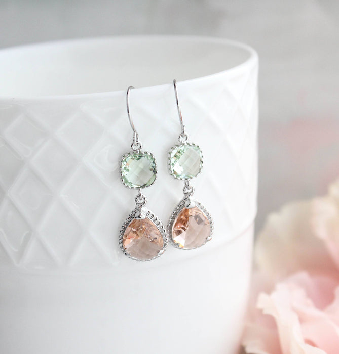 Mint and Peach Earrings | Two Jewel Teardrop Silver Earrings