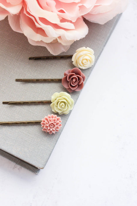 Flower Bobby Pins | Rose Hair Pins | Dusty Rose and Green