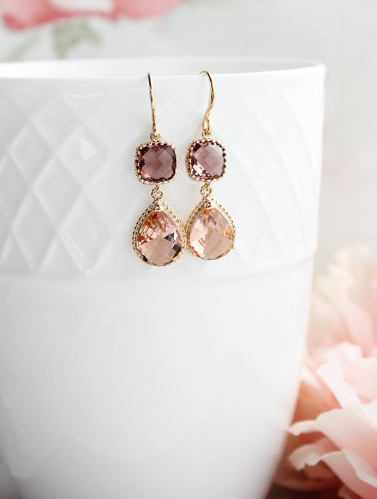 Peach Glass Earrings | Modern Earrings | Dusty Plum Teardrop