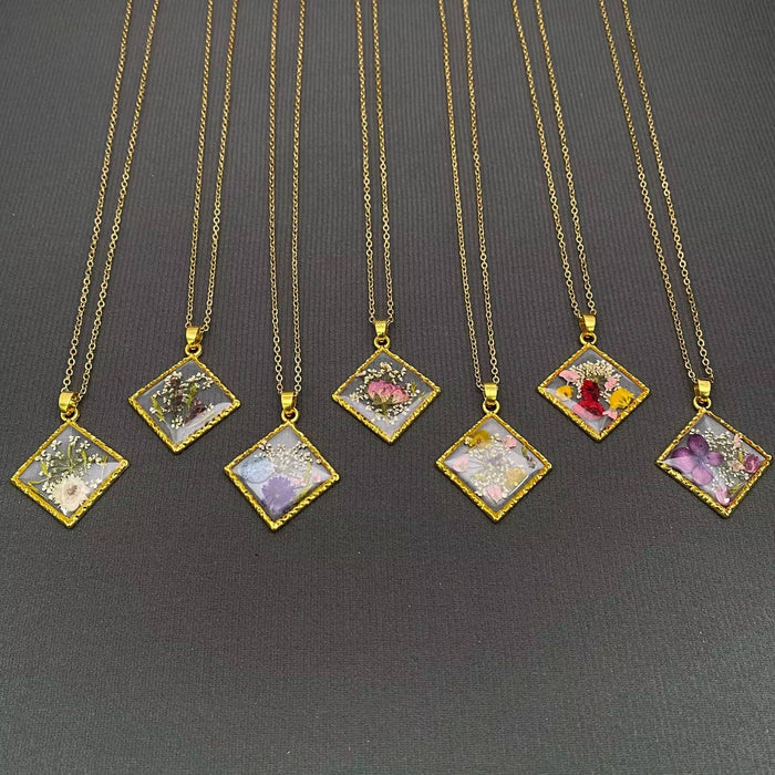 Dried Flower Rhombus Charm 18K Gold Plated Necklace
