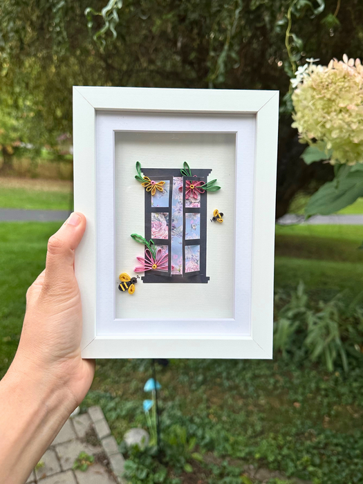 Handmade Quilled Paper Art: Window with Flowers & Bees (5x7)