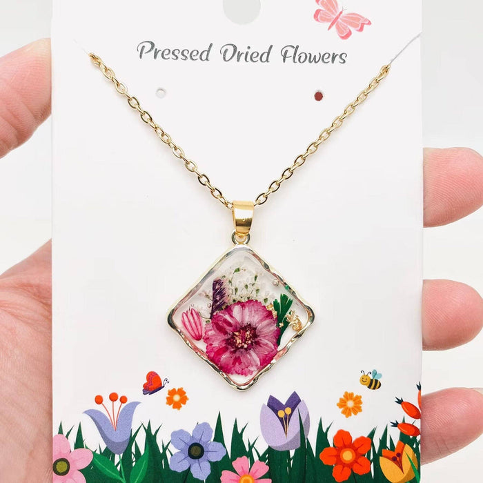 Floral Square Pendant Pressed Dried Flowers Necklace