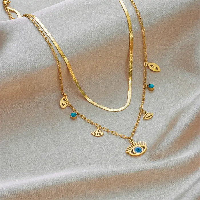 Evil Eye Gold Plated Stainless Steel Layered Necklace