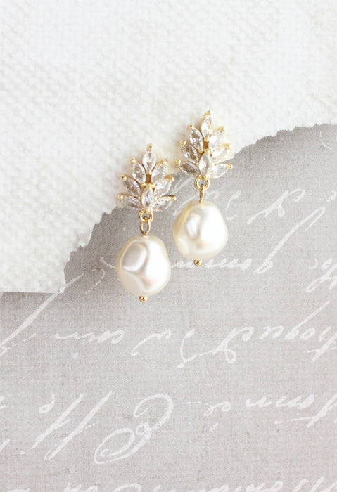 Glass Leaf Post Earrings | Baroque Pearl | Gold or Silver