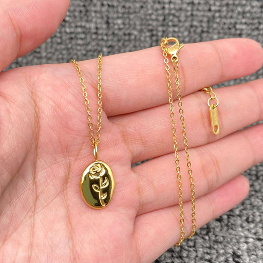 Rose 18K Gold Plated Stainless Steel Oval Charm Necklace-FGS
